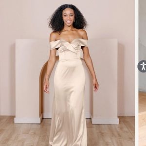 NEW Revelry Bardot Satin Dress- Gold Champagne